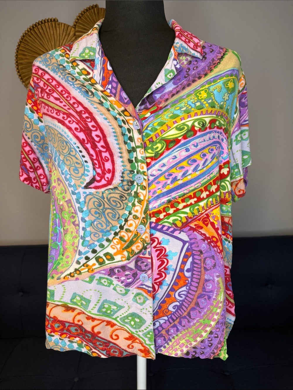 Vintage Jams World Colorful Paisley Print Rayon Button Up Shirt Women's Medium